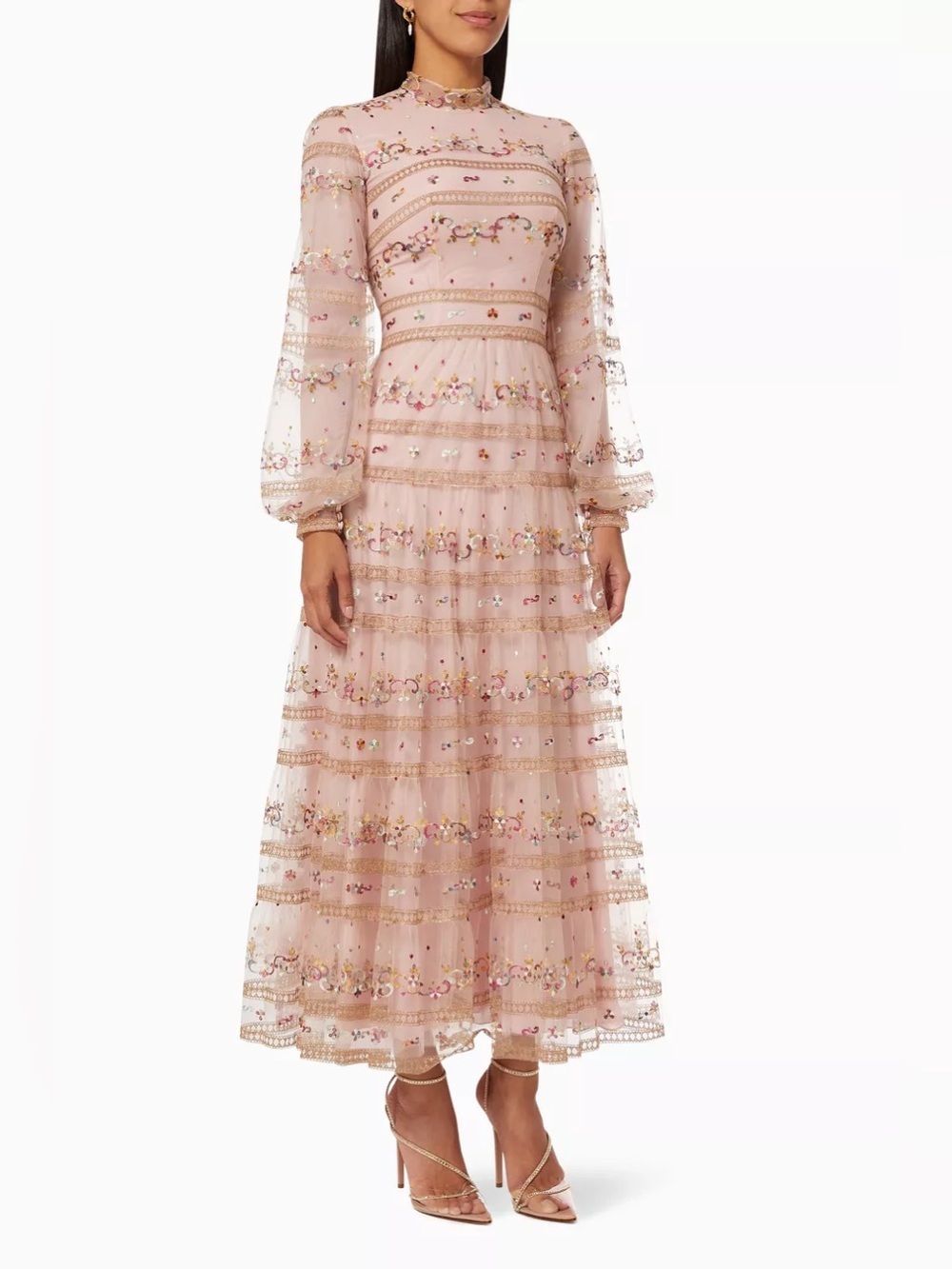 Costarellos FWRD Farfetch Blush Pink Embroidered Maxi Dress NWT Size FR 44